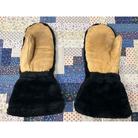 Uber Other - Vintage Uber Black & Brown Faux Fur Real Leather Palm Chopper-style mittens
